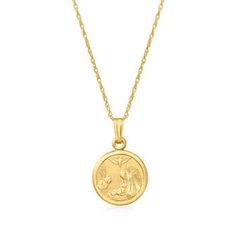 Ross-Simons - Child's 14kt Yellow Gold Guardian Angel Pendant Necklace. 15". This special guardian angel pendant necklace is a precious choice for your little one. Finely crafted in satin and polished 14kt yellow gold on a rope chain, the circular pendant features a dove flying over two guardian angels who watch over a baby, with the words "Our Guardian Angel Protect Us" engraved on the reverse side. A thoughtful way to keep a far-away or lost loved one close to your child's heart. Springring cl Baby Boy Necklace Gold, Dove Flying, Angel Pendant Necklace, Boys Necklace, Two Angels, Future Son, Angel Pendant, Guardian Angels, White Feathers