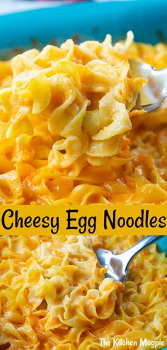 macaroni and cheese egg noodle casserole in a blue dish with a spoon