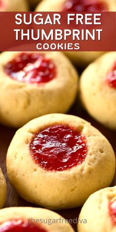 sugar free thumbprint cookies with raspberry sauce on top and text overlay