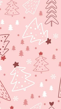 a pink background with christmas trees and snowflakes