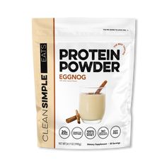 protein powdered drink mix in a pouch with cinnamon sticks on the side and an eggnog inside