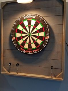 a dart board mounted to the side of a wall