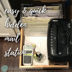 an open drawer with various items in it and the words easy & quick hidden mail station