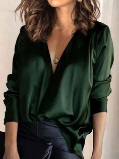 Solid Color V-Neck Long Sleeves Blouse Shirt Top INK GREEN-2XL Blouse Size Chart, Winter Blouses, Satin Bluse, Satin Long Sleeve, Loose Pullover, Spring Women, Satin Blouse, Satin Top, Loose Blouse