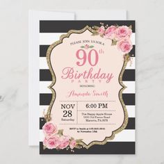 a pink and black striped 90th birthday party card with roses on the front, gold foil