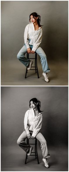 two different images of a woman sitting on a chair