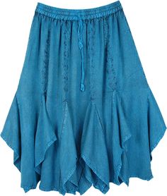 Stonewashed teal western skirt with embroidery with gores at the hem. This rayon skirt has a great fall with an elastic waist and its free-flowing around hips for a comfortable fit. The embroidery is on the front as well as the back. The skirt is a distinct reminder of the old-time western skirts with a hint of the Renaissance. Ideal to wear at work or out in the evening, dress up or down with accessories. The skirt can be worn with a camisole or corset top and goes well with boots. Length: 24"- Spring Flowy Turquoise Skirt, Spring Turquoise Flowy Skirt, Turquoise Lined Skirt Bottoms For Spring, Bohemian Knee-length Bottoms For Summer, Turquoise Skirt For Spring, Turquoise Spring Skirt, Casual Flowy Turquoise Skirt, Bohemian Knee-length Skirt For Fall, Turquoise Long Skirt For Spring