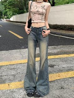 Autumn Winter Women's Blue Jeans Fashion Slim Low Waist Flare Denim Long Pants Female Vintage Long Flare Jeans, Jeans Fashion, Pant Length, Pant Style, Mua Sắm, Denim Flares, Vintage Streetwear, Fit Style, Low Waist