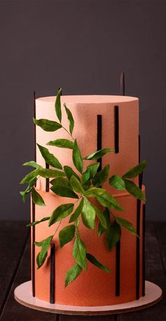 a pink and black cake with a plant in the middle on a wooden table next to it