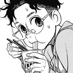 a drawing of a boy holding a glass and looking at something in his hand while he brushes his teeth