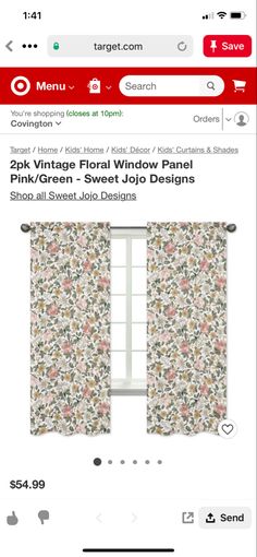 an image of a window with floral curtains on the front and side, as well as a