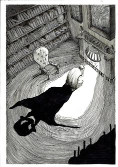 an ink drawing of a person in a room with bookshelves