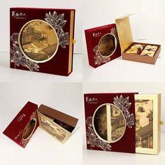 four different views of the inside of a red box with gold coins in each section