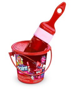 a red bucket filled with pink liquid and a plastic brush sticking out of the top