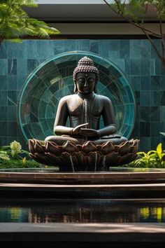 a buddha statue sitting on top of a fountain