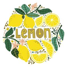 the word lemon surrounded by sliced lemons and leaves in a circle with floral accents