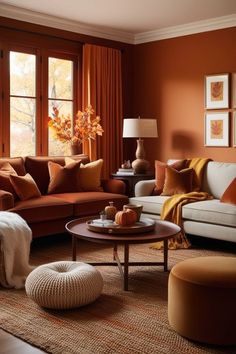 a living room filled with lots of furniture next to a large window covered in orange curtains