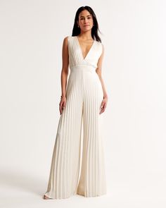 Women's The A&F Giselle Pleated Jumpsuit | Women's Dresses & Jumpsuits | Abercrombie.com White Jumpsuits For Women Wedding, Work Jumpsuits For Women, White Outfits For Bride, Old Money Jumpsuit, White Jumpsuit Outfit Classy, Bridal Outfits Rehearsal Dinners, Womens Cocktail Attire, Reception Jumpsuit, Sandals Barbados