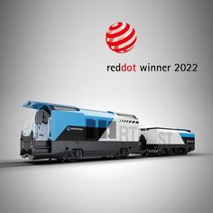 a blue and white train with the words red dot winner on it