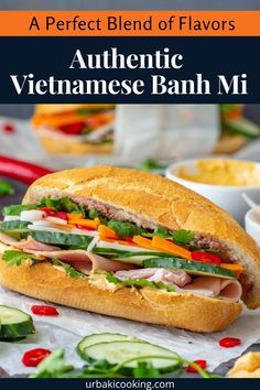 an authentic vietnamese banh mi sandwich with vegetables and meat