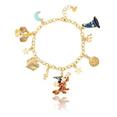 PRICES MAY VARY. A charm bracelet with a touch of Disney magic. Ten charms encircle the 7-inch chain bracelet. The Disney charms recall The Sorcerer's Apprentice from Fantasia. Charms include Mickey Mouse, stars, a moon, musical notes, and The Sorcerer's Hat Yellow-gold plated bracelet is made of brass. Four of the ten charms feature enamel plating for an eye-catching pop of color Disney charm bracelet has a lobster claw closure with a 1-inch extender for adjustable wear Fantasia charm bracelet Disney Christmas Gifts, Disney Charm Bracelet, Disney Characters Christmas, Disney Magic Bands, Disney World Christmas, Fantasia Disney, Disney Charms, Disney Gift, Disney Birthday