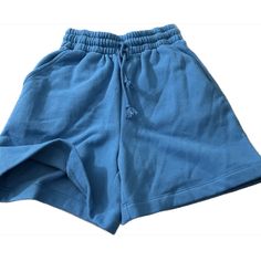 Soft Fleece Shorts With Pockets Drawstring And Elastic Waist. Blue Drawstring Shorts For Leisure, Blue Drawstring Leisure Shorts, Leisure Blue Drawstring Shorts, Blue Drawstring Bottoms For Leisure, Casual Blue Bottoms For Leisure, Blue Athleisure Shorts With Drawstring, Comfortable Blue Leisure Shorts, Blue Drawstring Bottoms For Loungewear, Blue Casual Bottoms With Drawstring