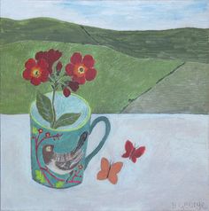 a painting of a cup with flowers in it next to a butterfly