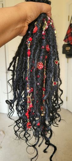 Rose Charm Crochet Locs - Etsy Installing Synthetic Dreads, Braid Charms Black Hair, Soft Dread Crochet Style, Loc Sprinkles Locks, Black Locs Black Women, Locs With Charms, Vacation Loc Styles, Hairstyles With Locs, Mirco Locs