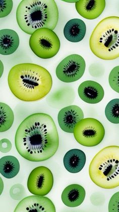 green and black kiwis are arranged in rows on a white background with circles