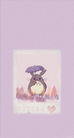 a cartoon character holding an umbrella in front of a purple background with the words totoro on it