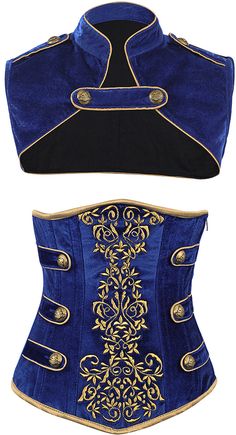 Amazing gold embroidery on the rich blue background makes a striking contrast, and the side straps and buttons add a serious military vibe. Wear with the jacket or without! The Violet Vixen - Royal Guard Blue Corset, $141.00 (http://thevioletvixen.com/authentic-corsets/royal-guard-blue-corset/) blue velvet gold embroidery military cosplay royal guard steel boned authentic corset Cool Corset Tops, Blue Corset Dresses, Authentic Corsets, Corset Steampunk, Corset Design, Velvet Corset, Top Corset