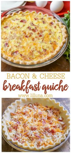 bacon and cheese breakfast quiche is shown in this collage with the title above it