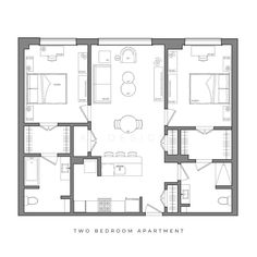 the two bedroom apartment floor plan is shown in black and white, with an open living area