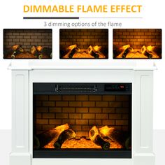 an electric fireplace with three dimming options on the front and back sides, showing different flame effects