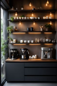 a kitchen with shelves filled with coffee pots and cups