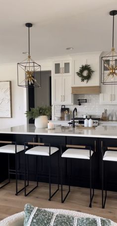 Brown To White Cabinets Before And After, White Appliances Black Cabinets, Contrast Island Kitchen Cabinet Colors, White And Dark Grey Kitchen Cabinets, Single Line Kitchen Design, Caviar Kitchen Cabinets, Modern Traditional Backsplash, Black Kitchen Island Butcher Block, Neutral Black Kitchen