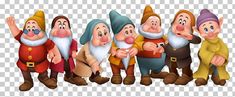 seven dwarfs standing in a row with one pointing at the camera and another looking up