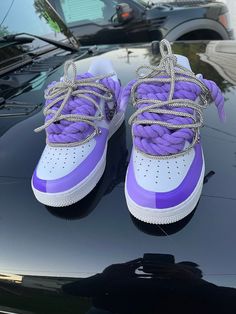 Customize Air Force Ones, His And Hers Shoes Nike, Nike Shoes Jordans Purple, Af1 Shoe Tie, Air Jordans Closet, Sporty Custom Purple Sneakers With Contrast Sole, Jordan 1 Shoes Purple, Purple Custom Air Force 1, Custom Purple Sneakers For Sneaker Matching