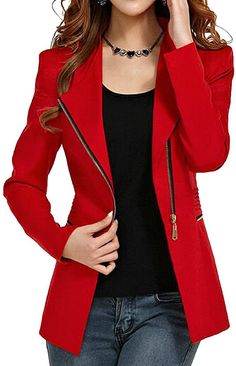 Aro Lora Women's Autumn Oversize Slim Fit Bodycon Zipper Suit Coat Jacket Blazer Outwear at Amazon Women’s Clothing store Business Jacket, Slim Fit Blazer, Work Blazer, Slim Suit, Slim Fit Blazers, Red Blazer, Long Sleeves Coats, Winter Mode, Suits Coats