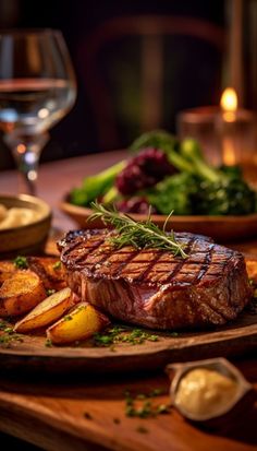 steak, potatoes and greens on a wooden plate