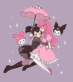 an anime character with pink hair and black clothes holding an umbrella while flying through the air