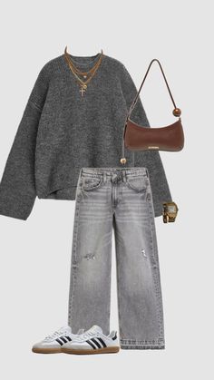 Gray Closet Ideas, Charcoal Gray Sweater Outfit, Gray Washed Jeans Outfit, Light Wash Jeans Winter Outfit, Grey Lounge Pants Outfits, Outfit Ideas With Grey Jeans, How To Style A Grey Sweater, Outfit Ideas Grey Jeans, Gray Aesthetic Outfits