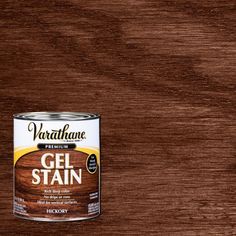 a can of varnahe gel stain on a wooden surface