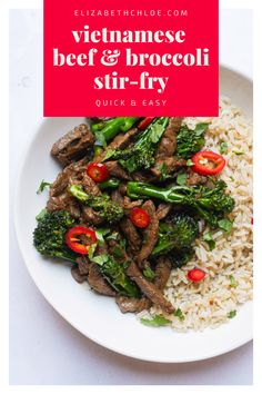 beef and broccoli stir - fry on a white plate with text overlay