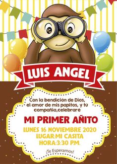 a birthday party flyer with a monkey wearing goggles and balloons in the background,