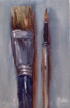 an oil painting of a paintbrush and a tube of toothpaste next to each other