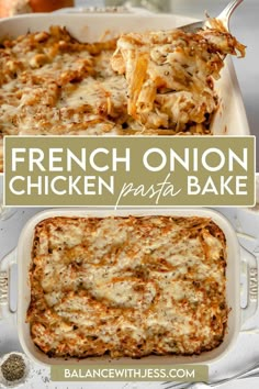 french onion chicken pasta bake in a casserole dish