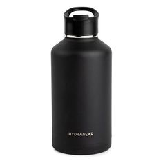 a black stainless steel water bottle with the word hydragear on it's lid