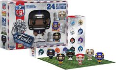 two nfl pop vinyl figures are shown in the box and one has a football helmet on it