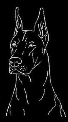 a black and white drawing of a dog on a black background with the words, doberman